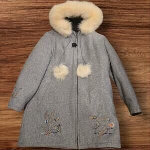 Vintage Northern Sun Inuit Parka Gray Wool With Fur Duck Embroidered Size 20 XXL